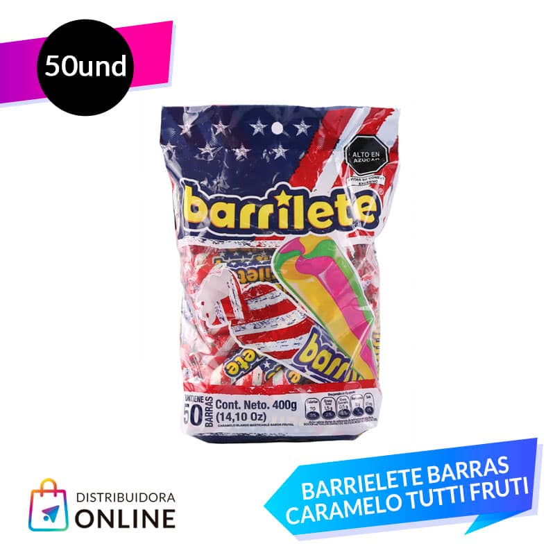 Barrielete Barras Caramelo Tutti Fruti 50 Unidades